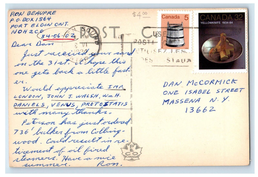 c1940's Steamship Sailing Long Sault Canal, Cornwall, Ontario Canada Postcard