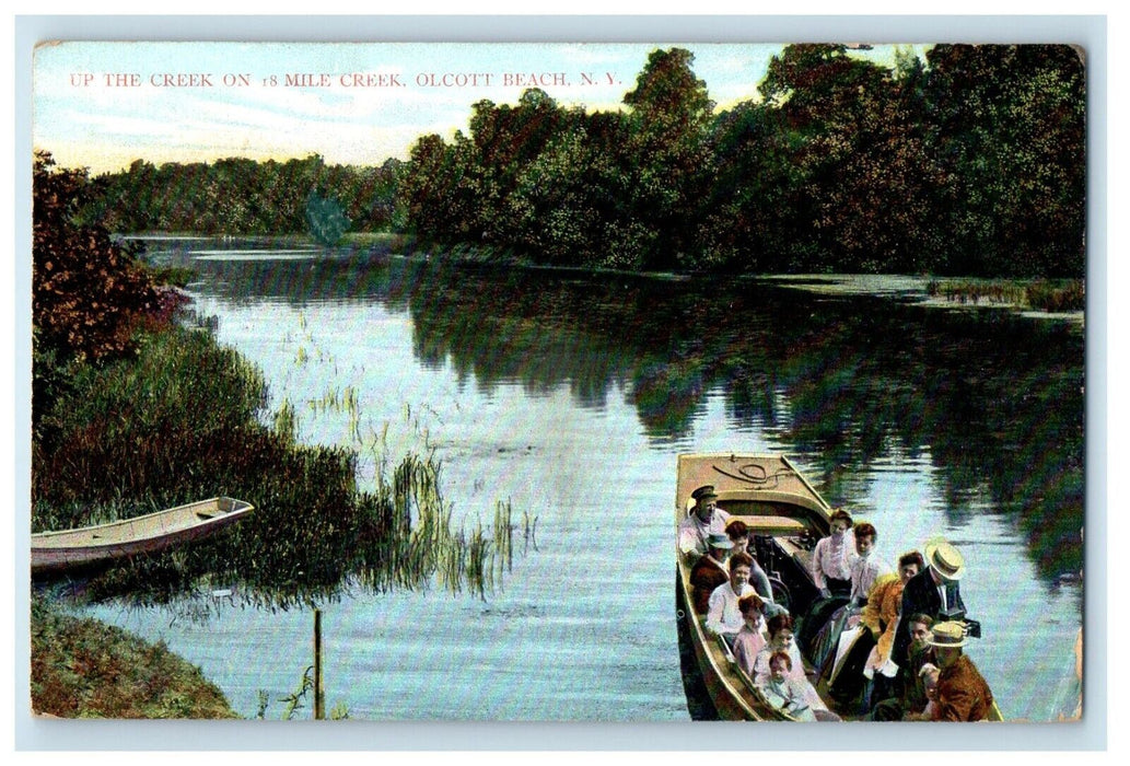 1907 Up The Creek 18 Mile Creek Boat Tourist Olcott Beach New York NY Postcard