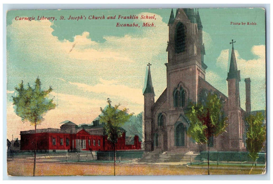 c1910 Carnegie Library, and St. Joseph's Church, Escanaba MI Postcard