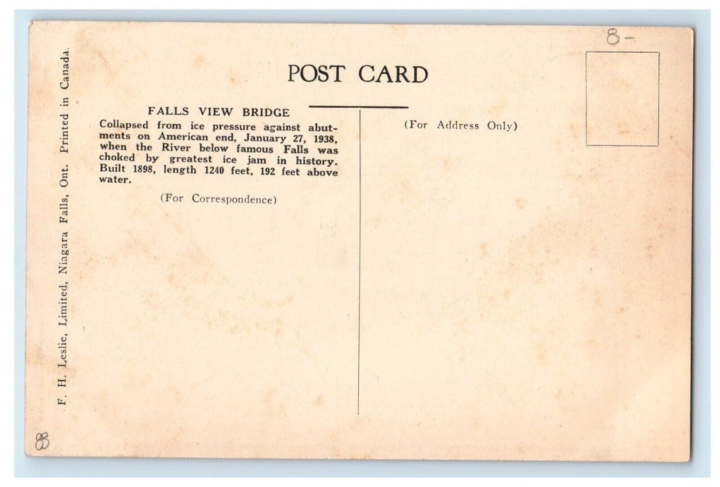 1938 Falls View Bridge Collapse Disaster American Flood Ice Flow Canada Postcard