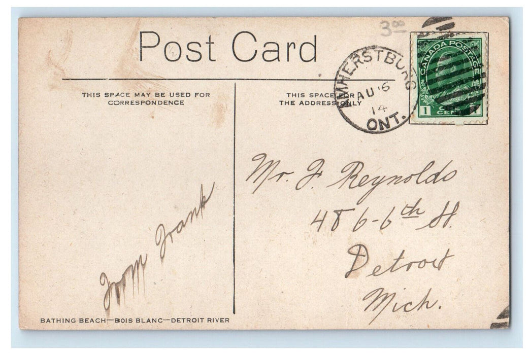 1914 Bathing Beach Bois Blanc Detroit River Amherstburg Ont. Canada Postcard