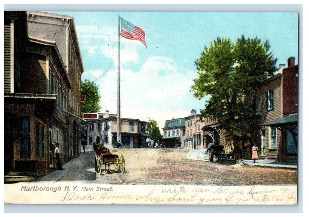 1908 Marlborough N. Y. Main Street View Horse And Wagon Flag Antique Postcard