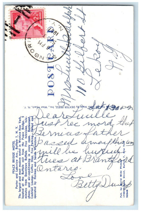1957 Interior Bedroom at Peace Bridge Motel, Buffalo NY Sanborn NY Postcard