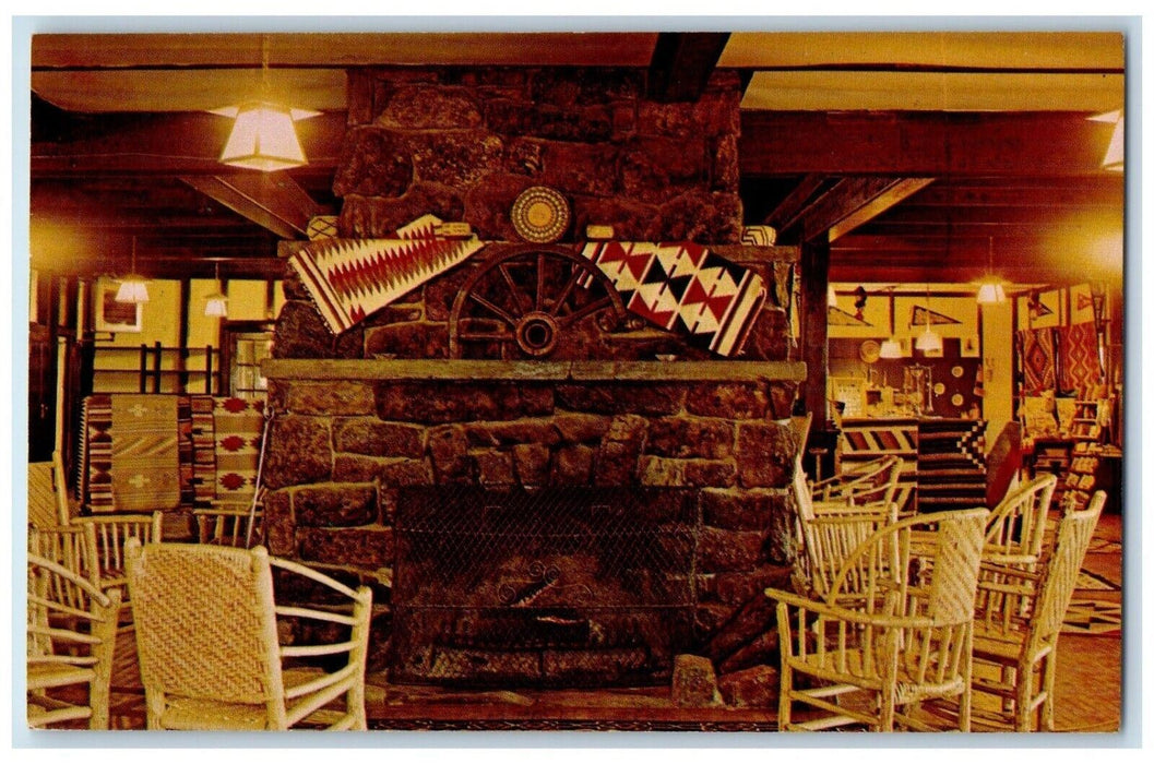 c1960's Lobby Estes Park Chalet Chimney & Chairs Estes Park Colorado CO Postcard
