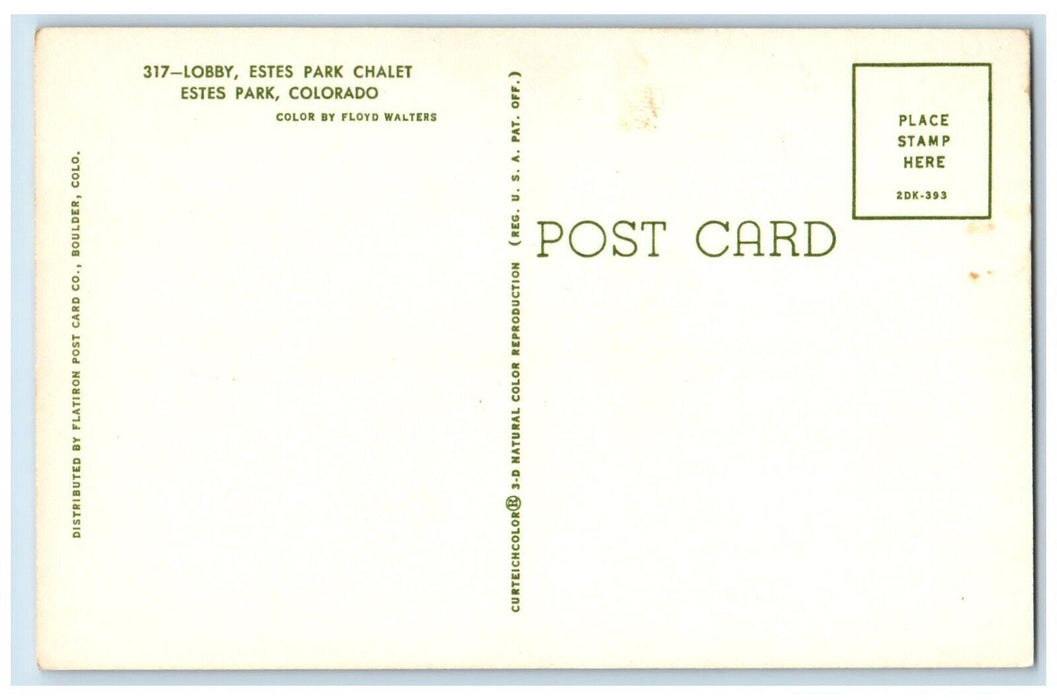c1960's Lobby Estes Park Chalet Chimney & Chairs Estes Park Colorado CO Postcard