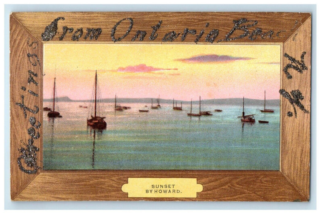 c1910's Greetings From Ontario Beach NY, Sunset By Howard Boats Glitter Postcard