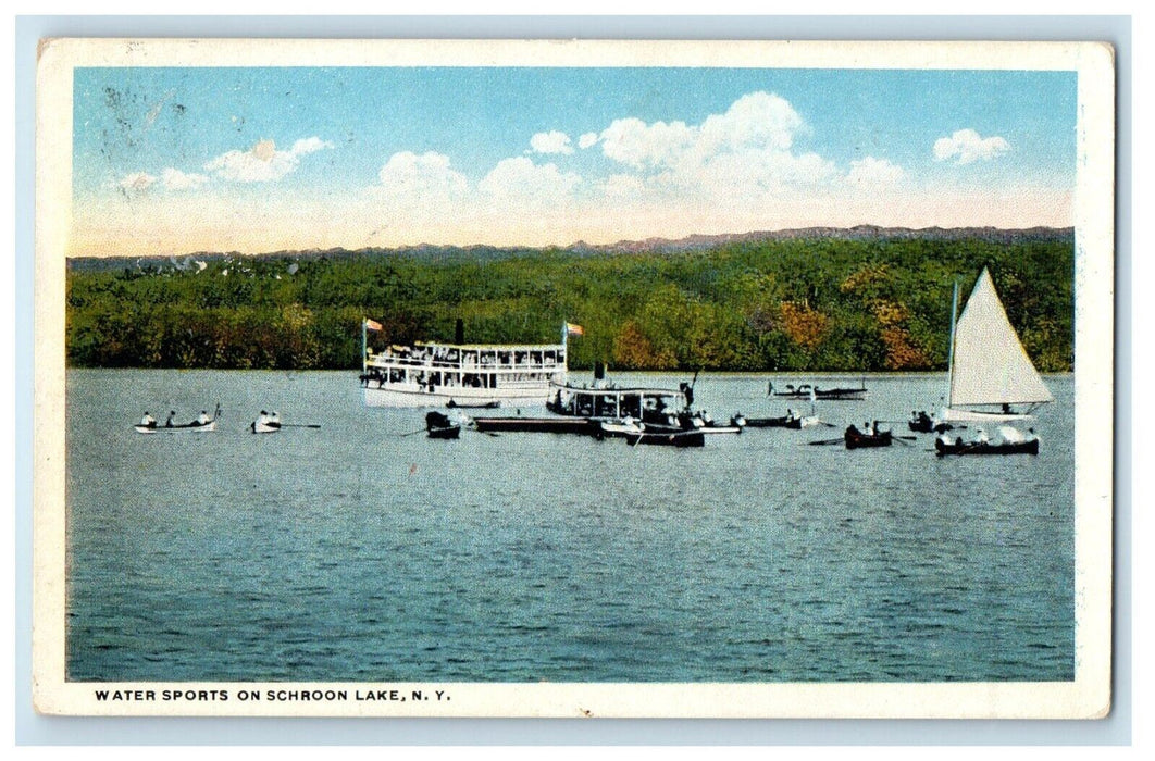 1920 Water Sports On Schroon Lake New York NY, Canoe Sailboat Antique Postcard
