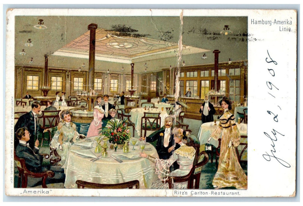 1908 Steamship "Amerika" Ritz's Carlton Restaurant Hamburg Amerika Line Postcard