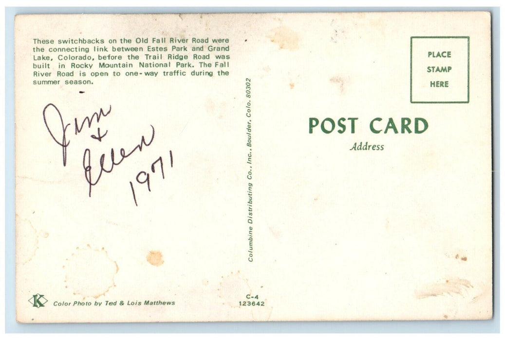c1960's Old Fall River Road Switchbacks Estes Park Grand Lake Colorado Postcard