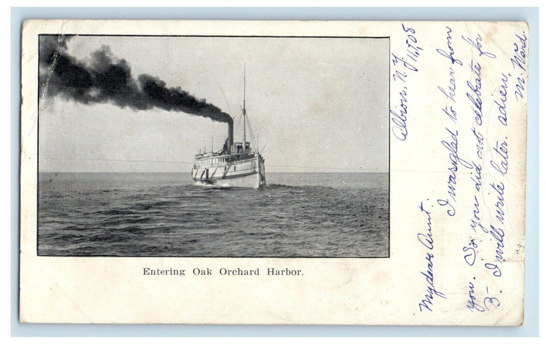 1908 Entering Oak Steamer Ship Orchard Harbor Albion New York NY Posted Postcard