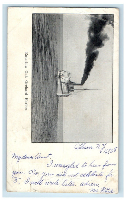 1908 Entering Oak Steamer Ship Orchard Harbor Albion New York NY Posted Postcard