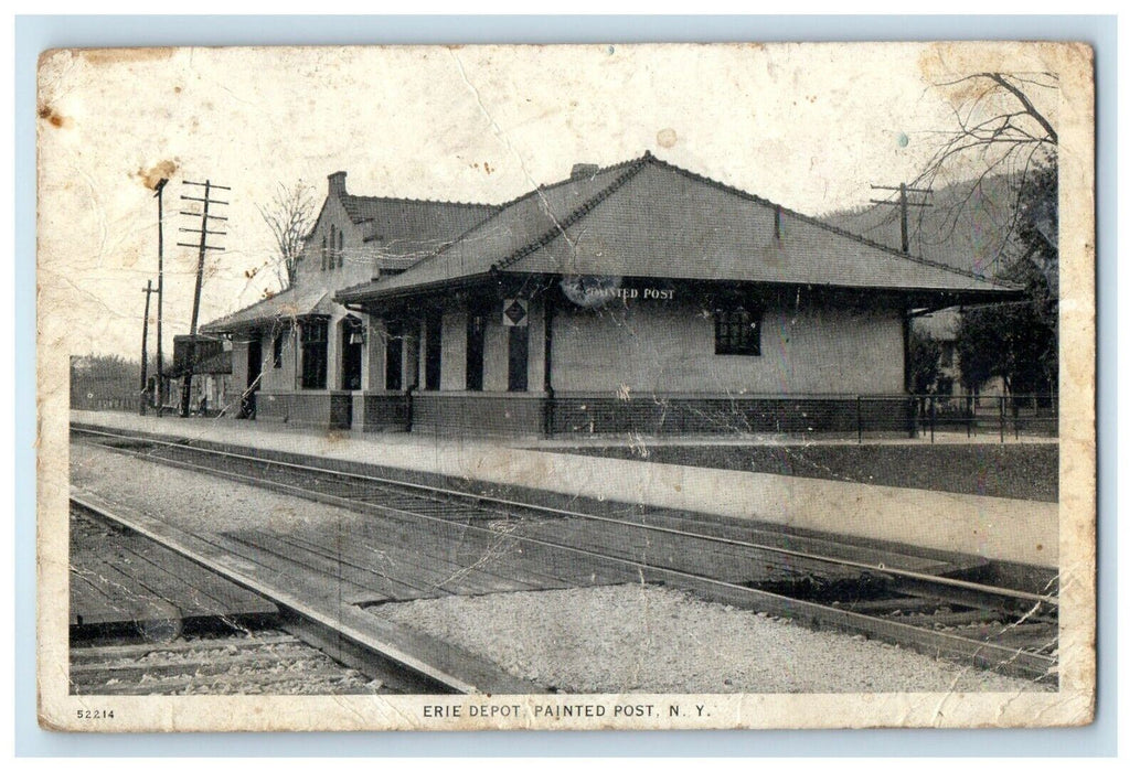1927 Erie Depot Station Railroad Train Painted Post New York NY Antique Postcard