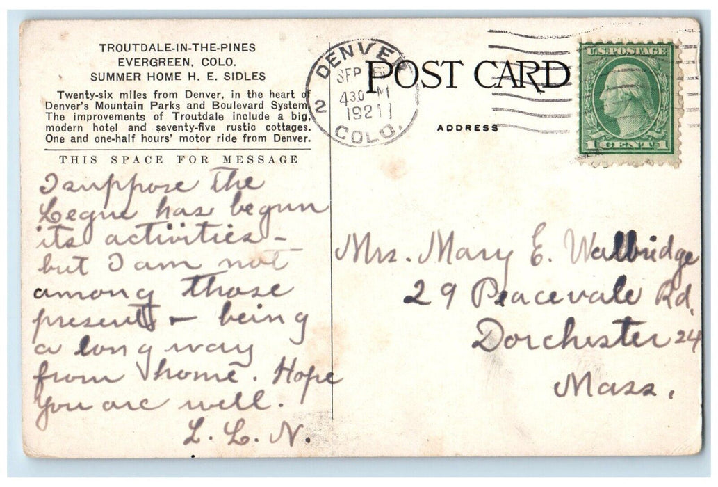 c1920s Troutdale in the Pines 1921 Summer Home Evergreen Colorado CO Postcard