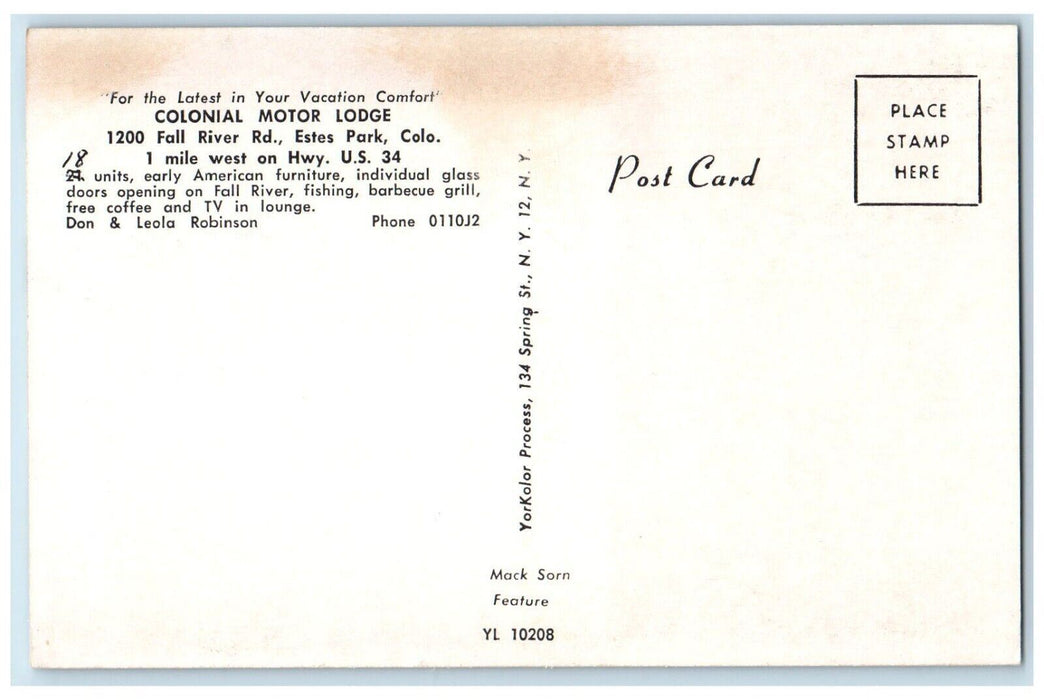 c1960's Colonial Motor Lodge Vacancy Fall River Estes Park Colorado Postcard