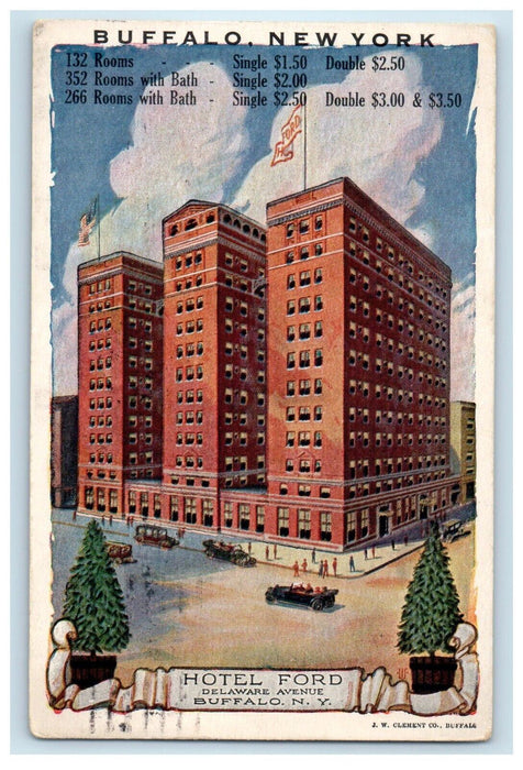 1926 Hotel Ford Building Delaware Avenue Cars Advertising Buffalo NY Postcard