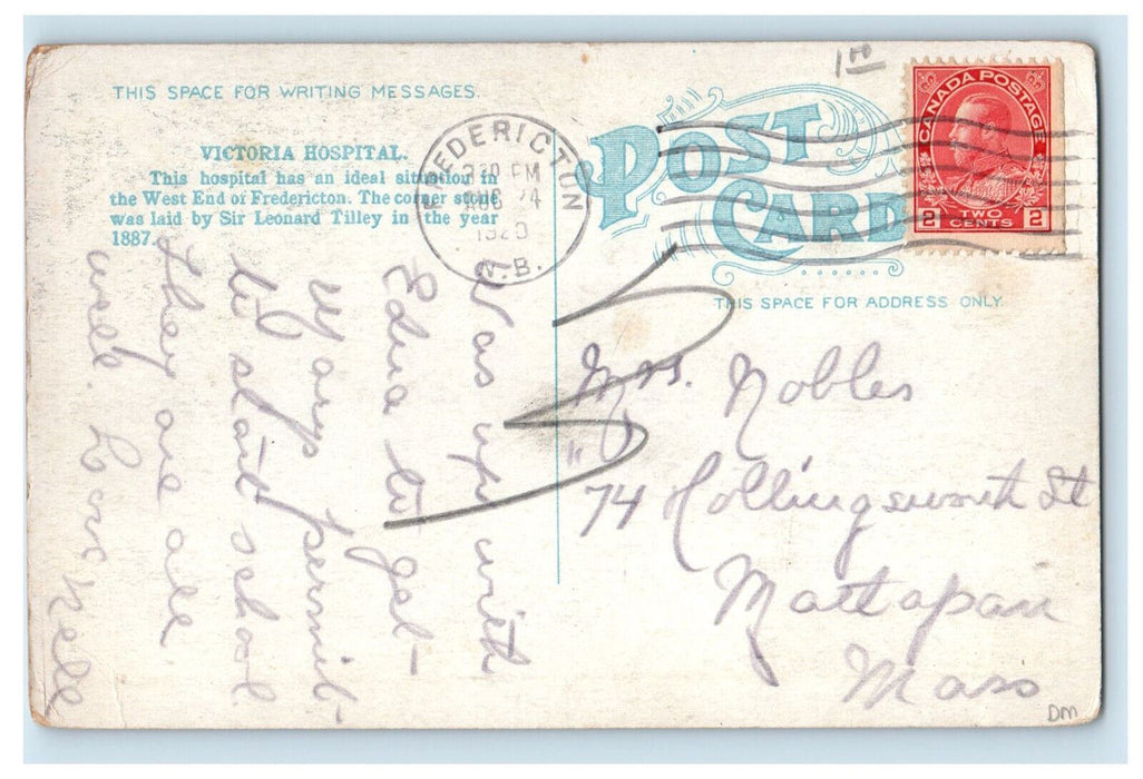 1920 Victoria Hospital Fredericton New Brunswick Canada Posted Antique Postcard