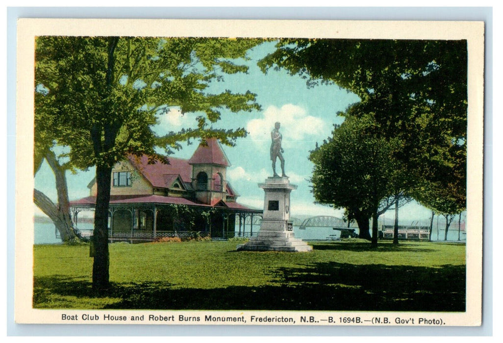 c1940's Boat Club House and Robert Burns Monument Fredericton NB Canada Postcard