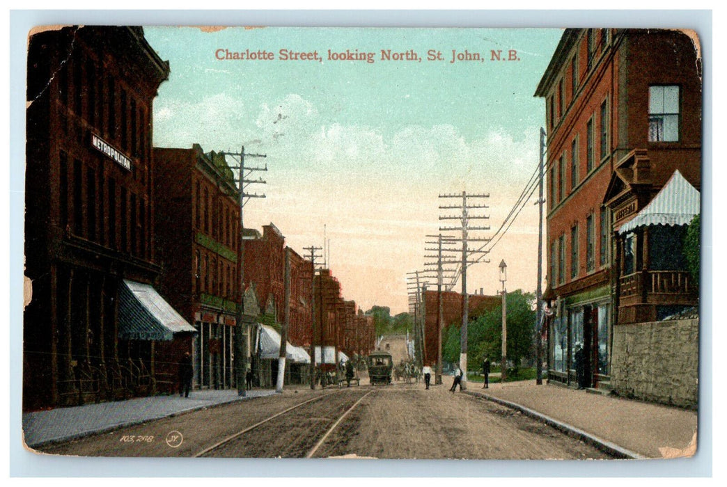 1912 Trolley Car, Charlotte Street Looking North St. John NB Canada Postcard