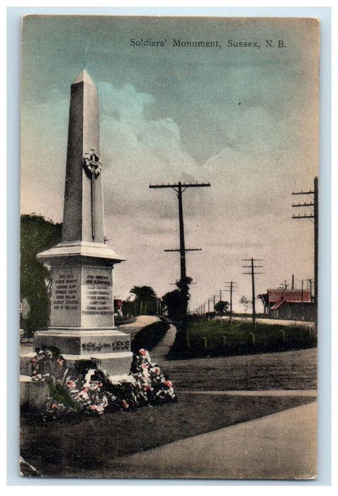 1934 Street Posts, Flowers in Soldier's Monument Sussex NB Canada Postcard