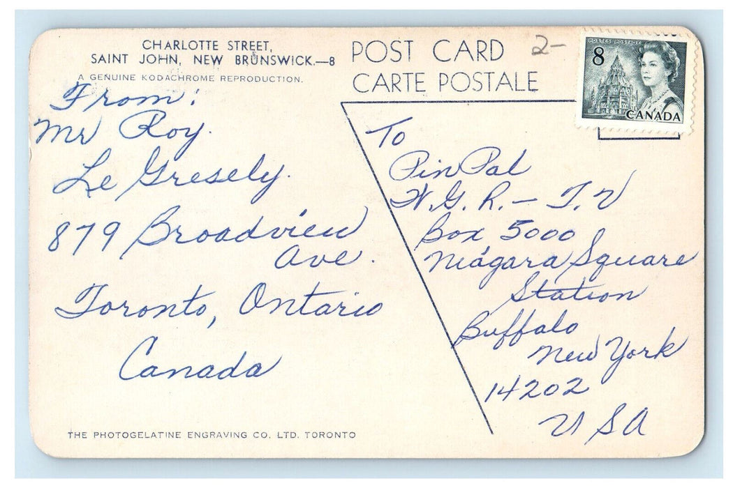 c1960's Charlotte Street, Saint John New Brunswick Canada Vintage Postcard