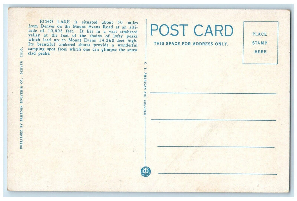 c1920s Echo Lake Looking Towards Mt Evans Denver Mountain Park Colorado Postcard