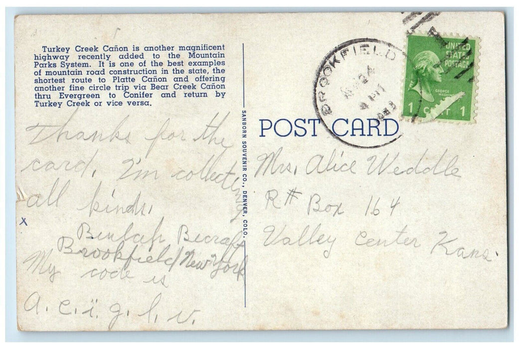 c1920s Turkey Creek Canon Zigzag Road Denver Mountain Parks Colorado CO Postcard