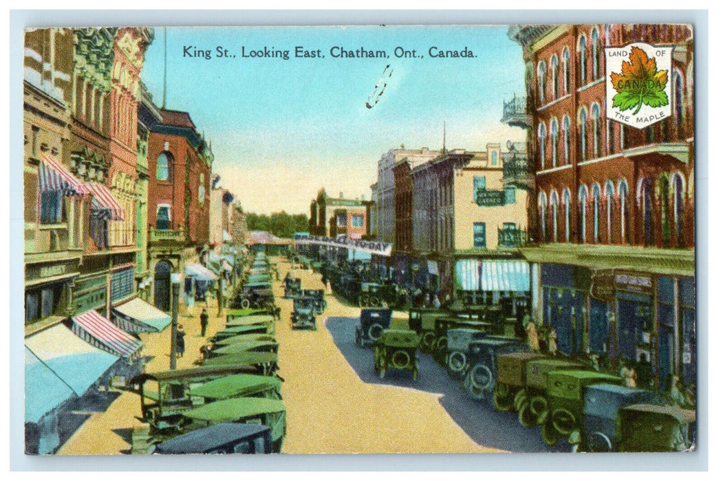 c1910 Cars, Land of the Maple Logo, King St. Chatham Ontario Canada Postcard