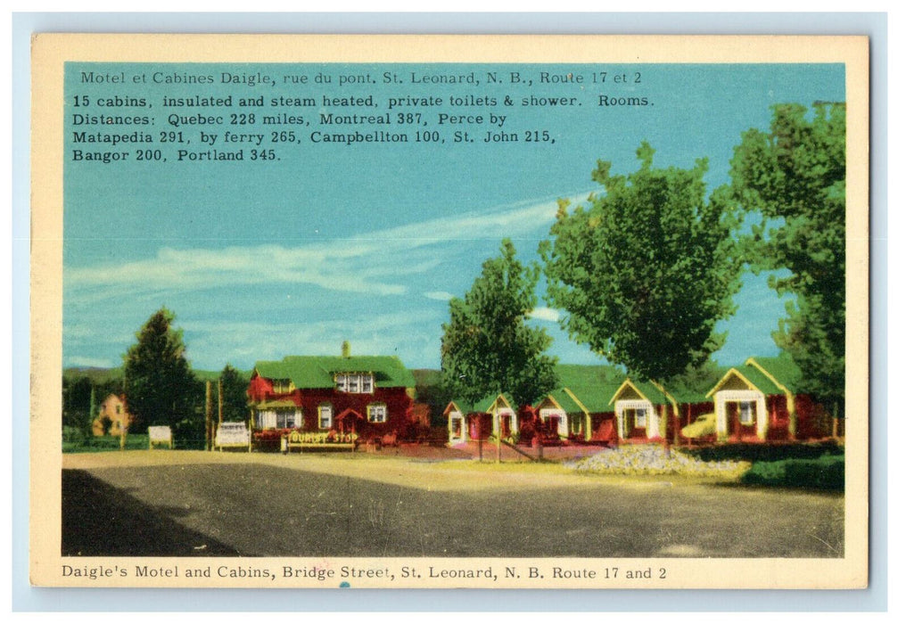 c1940's Daigle's Motel and Cabins Bridge Street St. Leonard NB Canada Postcard