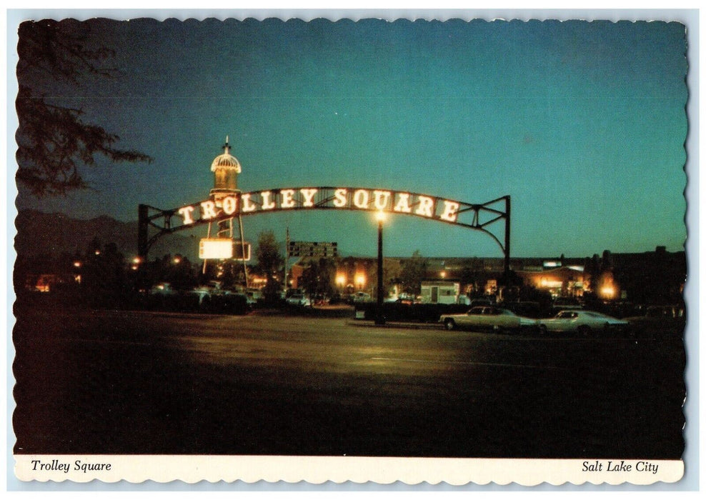 c1960's Colorful Trolley Square Arch Night View Salt Lake City Utah UT Postcard