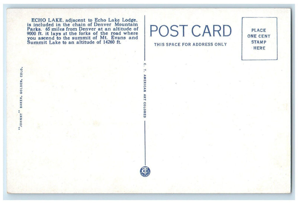 c1940s Echo Lake from Goliath Peak Road Denver Mountain Park Colorado Postcard