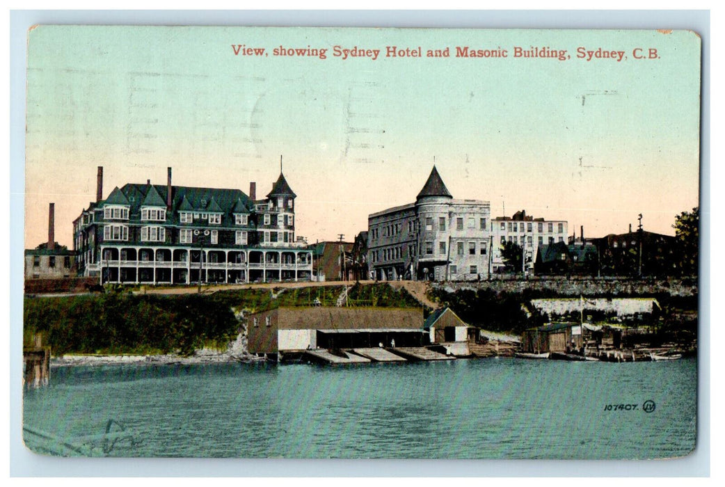 1914 Sydney Hotel and Masonic Building Sydney CB Canada Antique Postcard