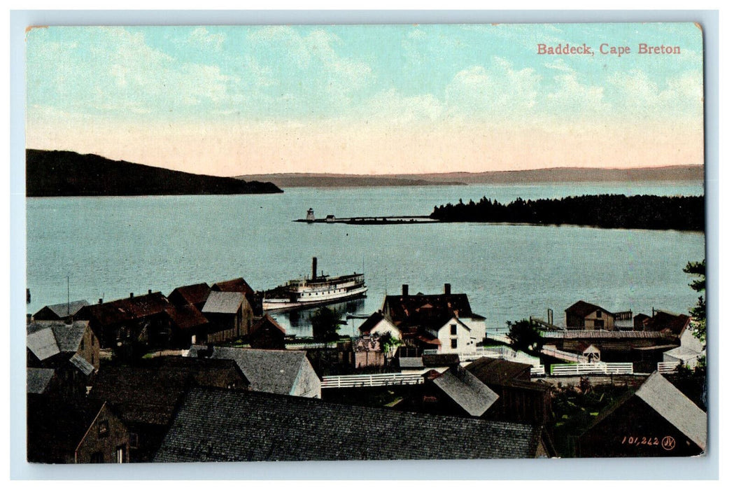 c1905 View of Steamship, Houses, at Baddeck Cape Breton Canada Postcard