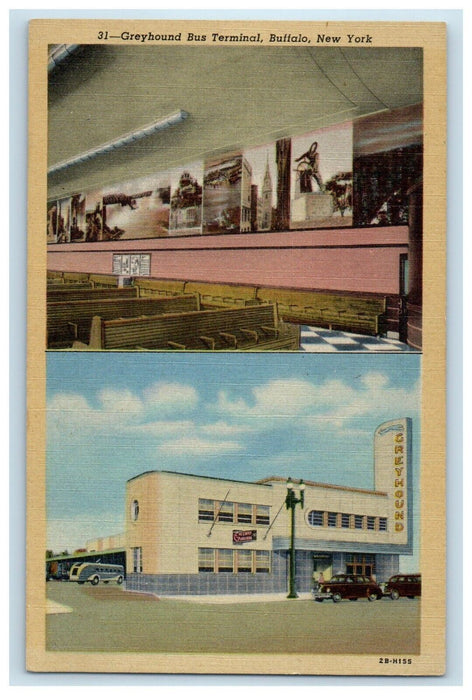 c1930's Greyhound Bus Terminal Cars Bus Buffalo New York NY, Dual View Postcard