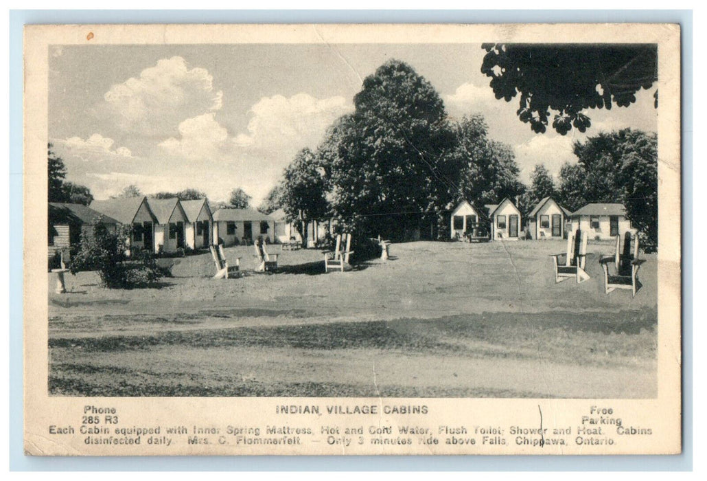 c1940's Big Chairs, Indian Village Cabins, Chippawa Ontario Canada Postcard