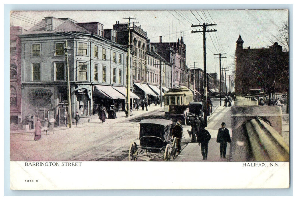 c1910 Horse Carriages Trolley Car at Barrington St. Halifax NS Canada Postcard