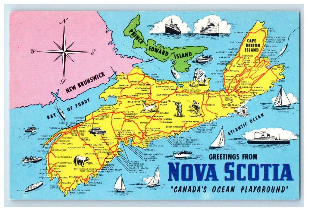 c1950's Map View, Greetings from Nova Scotia, Canada's Ocean Playground Postcard