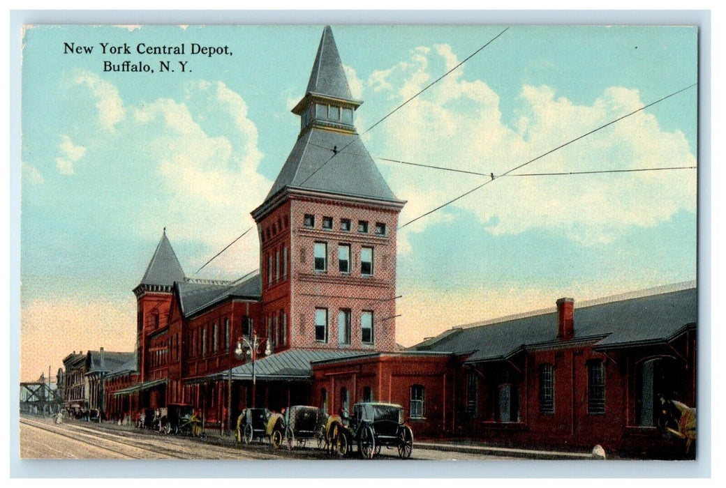 c1910's New York Central Depot Train Station Horse Carriage Buffalo NY Postcard