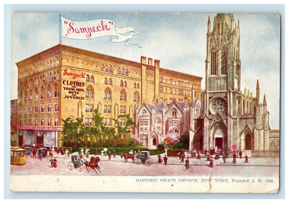Historic Grace Church Samneck Clothes Building Trolley New York NY Postcard