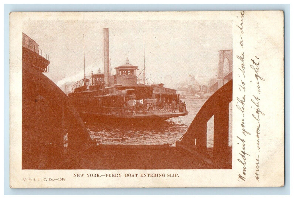 1907 New York NY, Ferry Boat Entering Slip Posted Antique Postcard