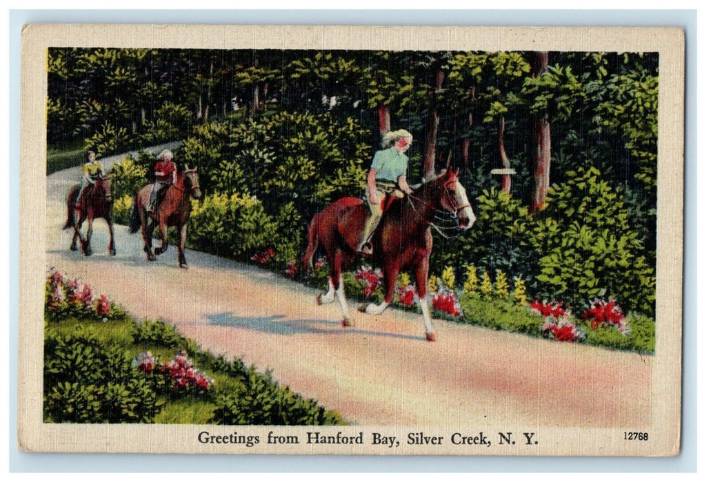 Greetings From Hanford Bay Silver Creek New York NY, Girls Horse Riding Postcard