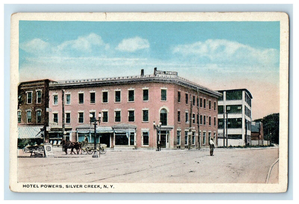 c1910's Hotel Powers Drug Store Horse Wagon Silver Creek New York NY Postcard