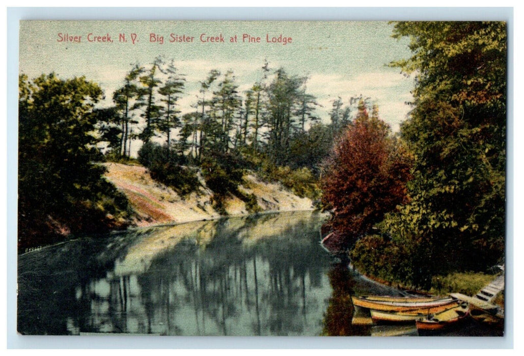 c1910's Big Sister Creek At Pine Lodge Boat Silver Creek New York NY Postcard