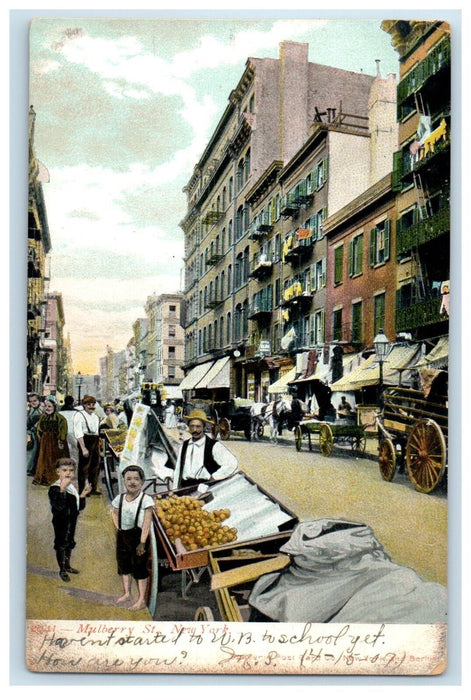 1907 Mulberry Street Vendors Horse Wagon New York NY, Wyoming PA Postcard