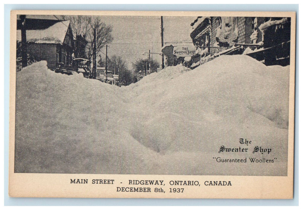 c1940's Snow, Main Street The Sweater Shop Ridgeway Ontario Canada Postcard