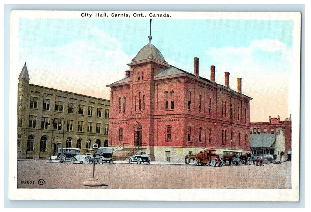 c1920's Cars, Truck, Horse Carriage at City Hall Sarnia Ontario Canada Postcard