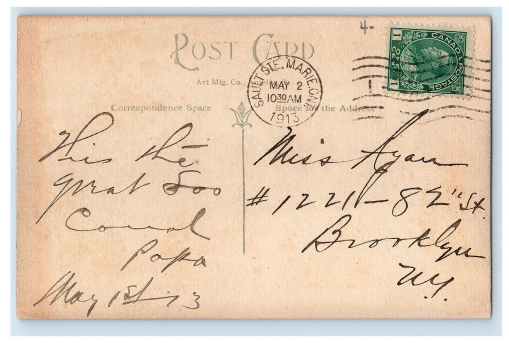 1913 Waterfalls, Gates of Locks at Sault Ste. Marie Ontario Canada Postcard