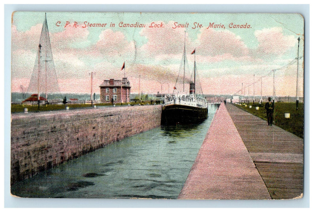 1907 CPR Steamer in Canadian Lock Sault Ste. Marie Canada Antique Postcard