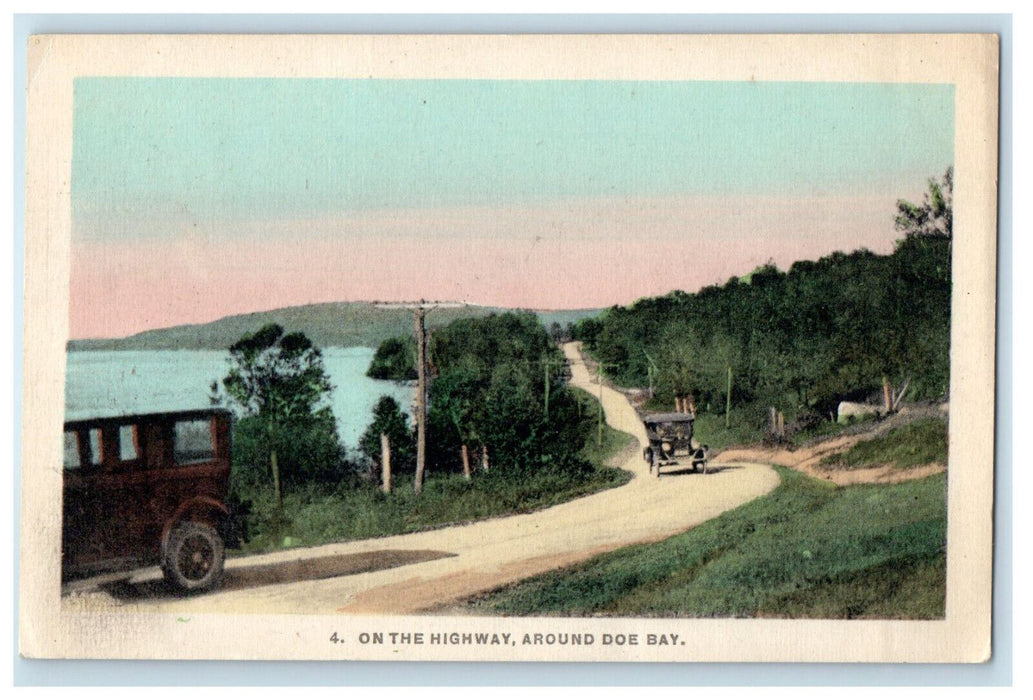 c1940's Cars On The Highway Around Doe Bay Parry Sound Ontario Canada Postcard
