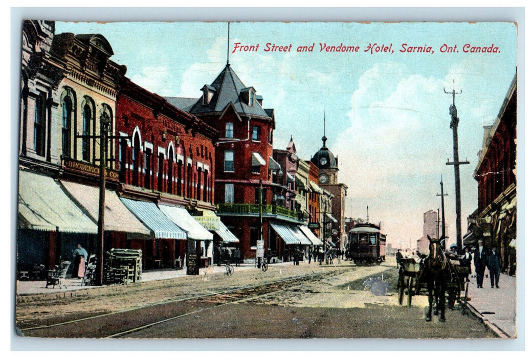 1909 Front Street and Vendome Hotel, Sarnia Ontario Canada Postcard