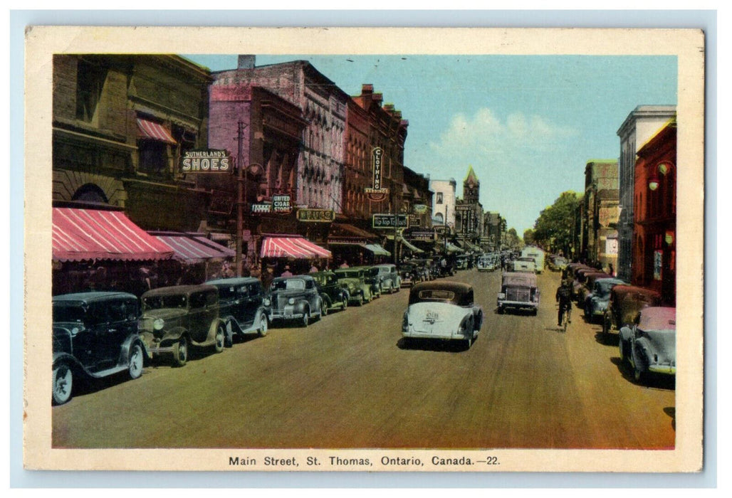1941 Shoes, Clothing, Drugstore, Cigar Stores in St. Thomas Canada Postcard